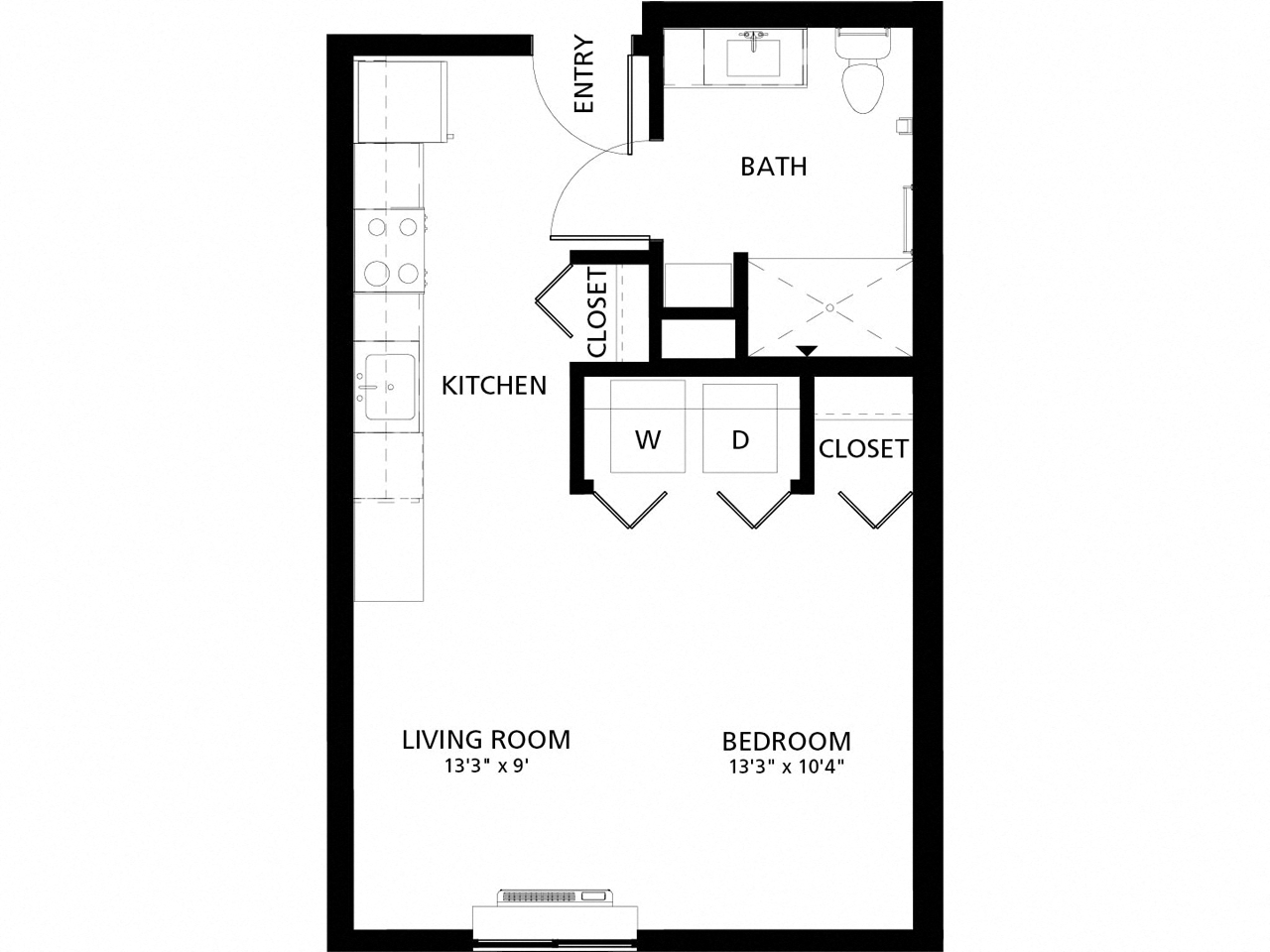 Floor plan for studio, 1 bath, 492 sqft